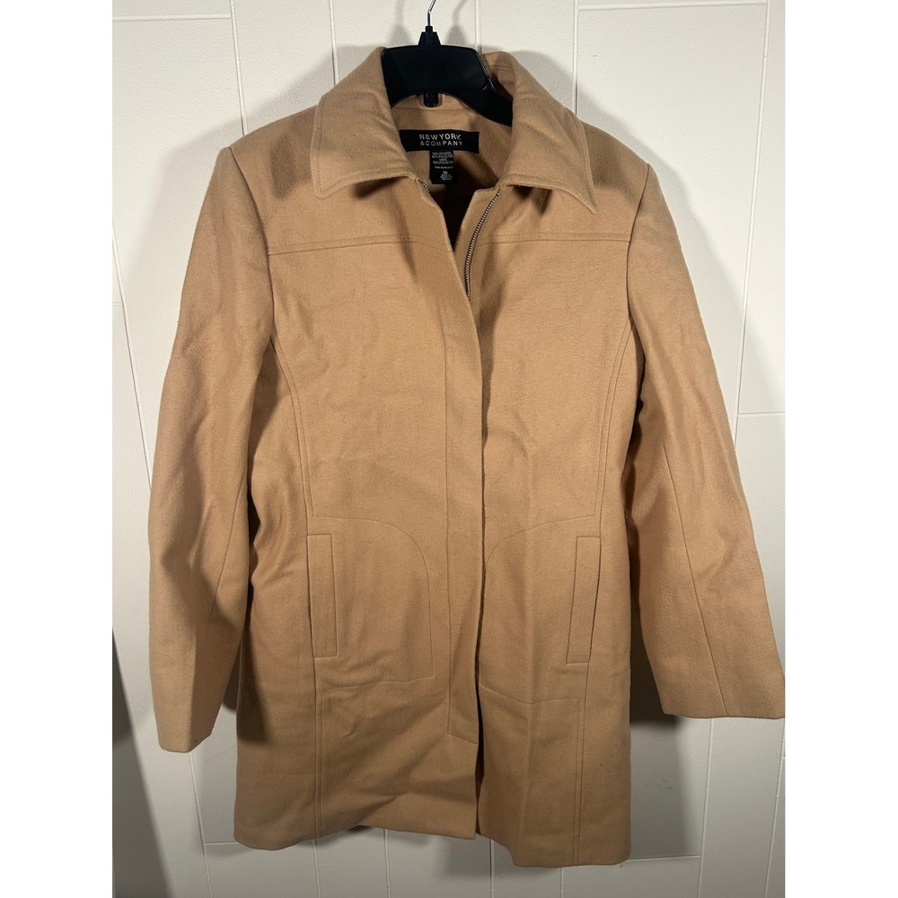 New York & Company Women 10 Camel Wool Blend Zip Car Coat Jacket Mid Length